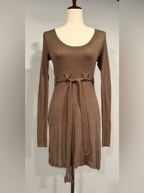 Brown Long Sleeve Sweater Dress with Self-Tie Belt